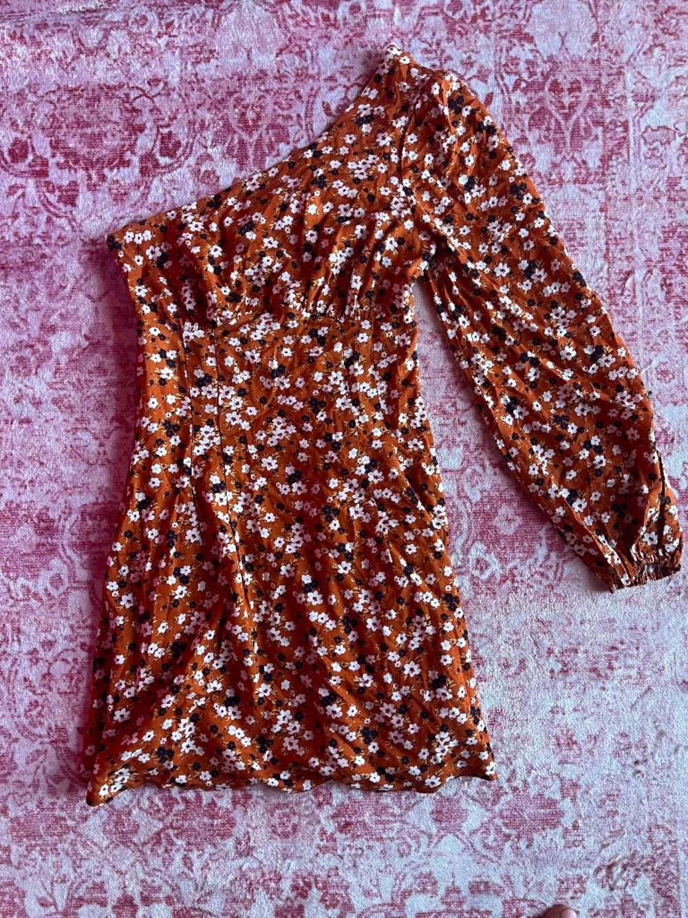 Free People Rust Floral One-Shoulder Dress with White & Black Daisies